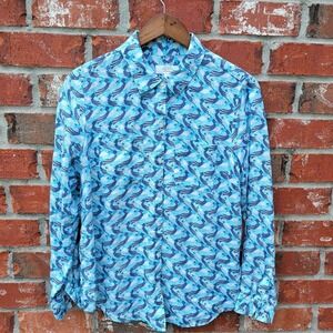 Charter Club Linen Button Up Shirt Mens M Blue Bird Print Long Sleeve Luxury